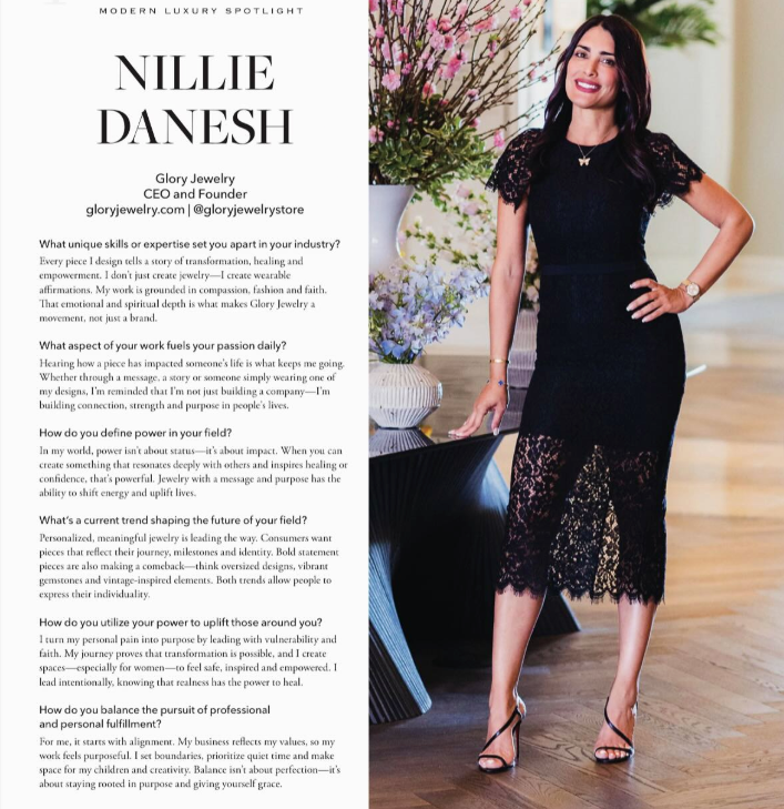 Woman in a black dress standing indoors with text on the left side.